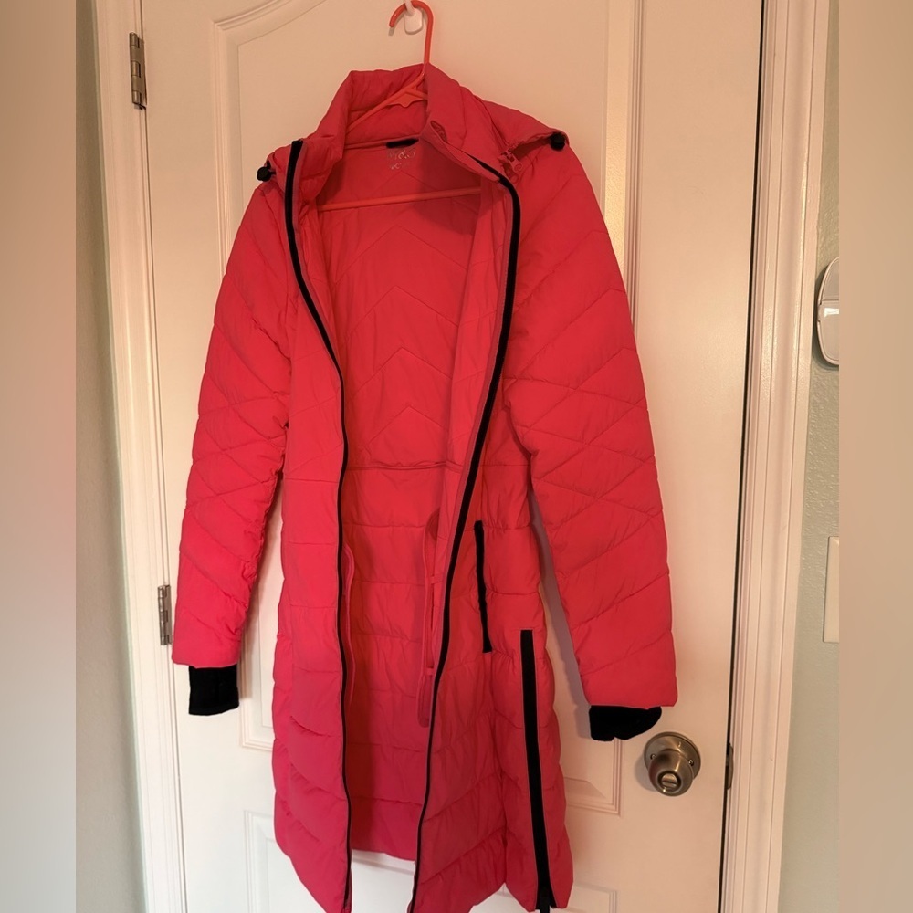 M&S ACTIVE Bright Pink Puffer Jacket Pink Long Puffer Coat With Detachable Hood - Picture 3 of 16